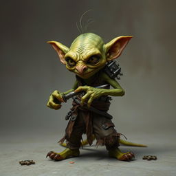 Skrit is a smaller, wiry goblin, standing at about 3 feet tall, with sickly greenish-yellow skin and a lean, sinewy build