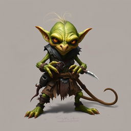 Skrit is a smaller, wiry goblin, standing at about 3 feet tall, with sickly greenish-yellow skin and a lean, sinewy build