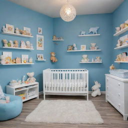 A toy-filled, imaginative baby-proof nursery. Along with zany wall designs in a blue and white color scheme, the room brims with a delightful assortment of toys. The open space houses everything from plushies to educational toys, creating a captivating play paradise.