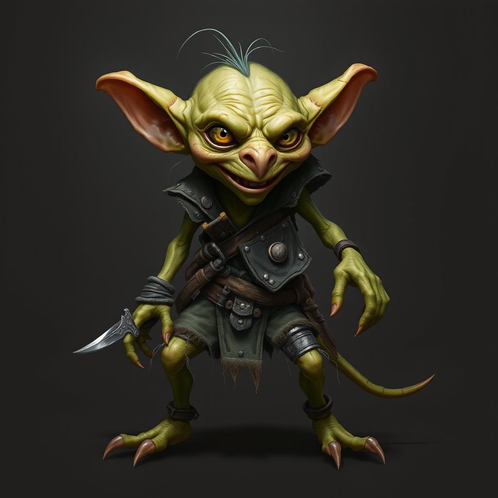 Skrit is a smaller, wiry goblin, standing at about 3 feet tall, with sickly greenish-yellow skin and a lean, sinewy build