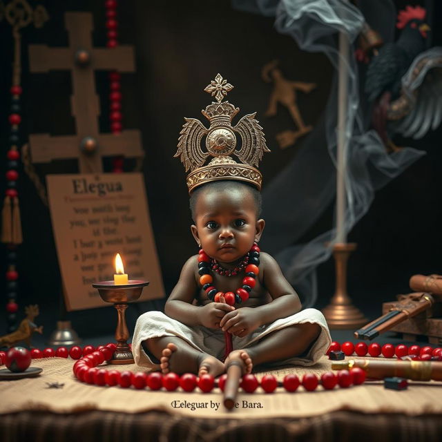 A scene depicting the spiritual guidance of Elegua, also known as Bara in some traditions, focusing on the child of this orixa