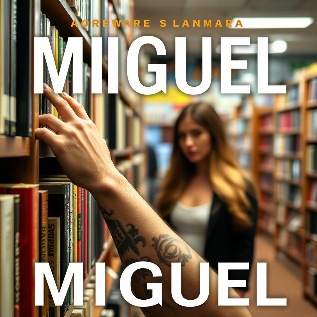 A close-up image of a bookshelf in a bookstore, with a tattooed arm reaching for a specific book