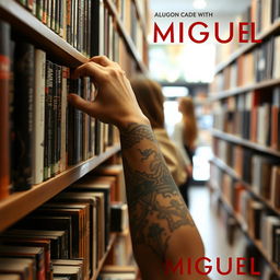 A close-up image of a bookshelf in a bookstore, with a tattooed arm reaching for a specific book