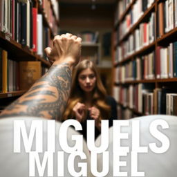 A close-up image of a bookshelf in a bookstore, with a tattooed arm reaching for a specific book