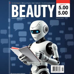 A realistic magazine cover with the large title "BEAUTY" at the top against a dark blue background filled with chat bubbles