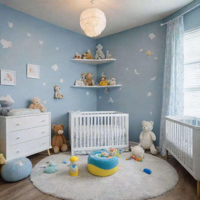 A toy-filled, imaginative baby-proof nursery. Along with zany wall designs in a blue and white color scheme, the room brims with a delightful assortment of toys. The open space houses everything from plushies to educational toys, creating a captivating play paradise.