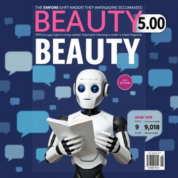 A realistic magazine cover with the large title "BEAUTY" at the top against a dark blue background filled with chat bubbles