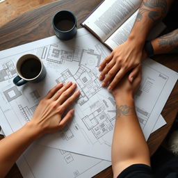 A coffee table with architectural plans spread across it, alongside a coffee mug and an open book