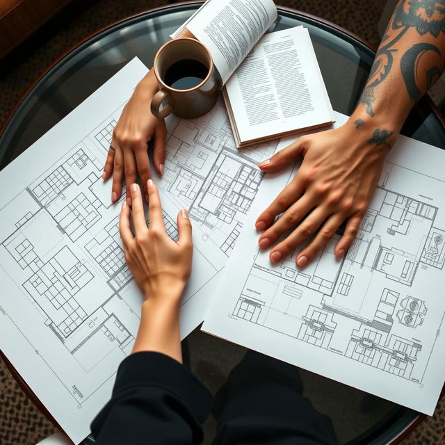 A coffee table with architectural plans spread across it, alongside a coffee mug and an open book