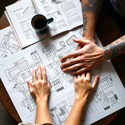 A coffee table with architectural plans spread across it, alongside a coffee mug and an open book