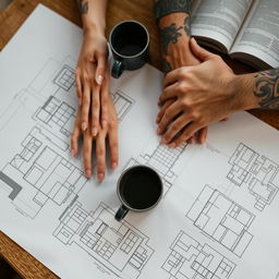 A coffee table with architectural plans spread across it, alongside a coffee mug and an open book