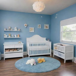 A toy-filled, imaginative baby-proof nursery. Along with zany wall designs in a blue and white color scheme, the room brims with a delightful assortment of toys. The open space houses everything from plushies to educational toys, creating a captivating play paradise.