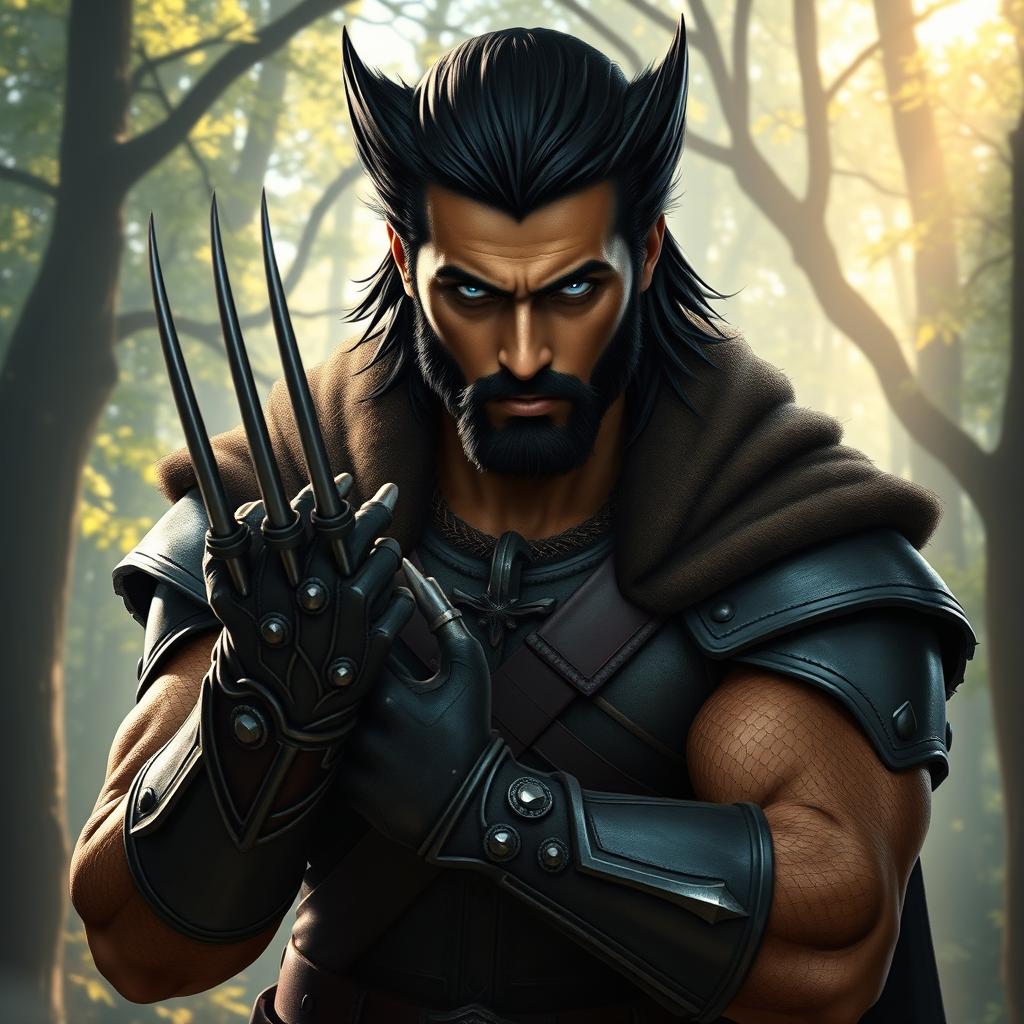 A Latina-skinned Wolverine reimagined in medieval fantasy attire, featuring intricately designed gauntlets from which his iconic claws emerge