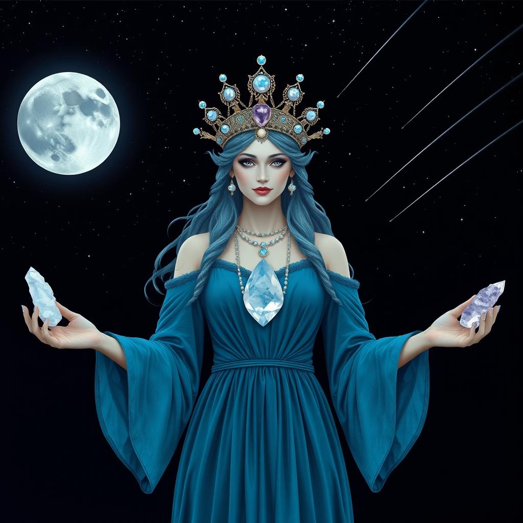 Luna, the Goddess of the Moon, is enchanting in a deep aqua/blue colored dress with flowing sleeves, reminiscent of the ocean's depths