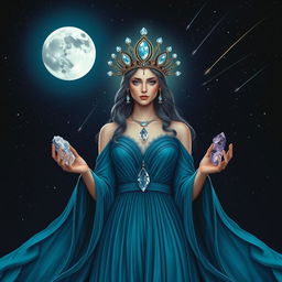 Luna, the Goddess of the Moon, is enchanting in a deep aqua/blue colored dress with flowing sleeves, reminiscent of the ocean's depths