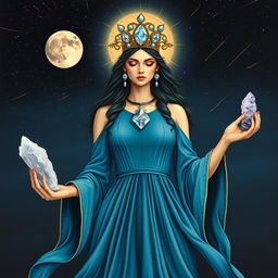 Luna, the Goddess of the Moon, is enchanting in a deep aqua/blue colored dress with flowing sleeves, reminiscent of the ocean's depths