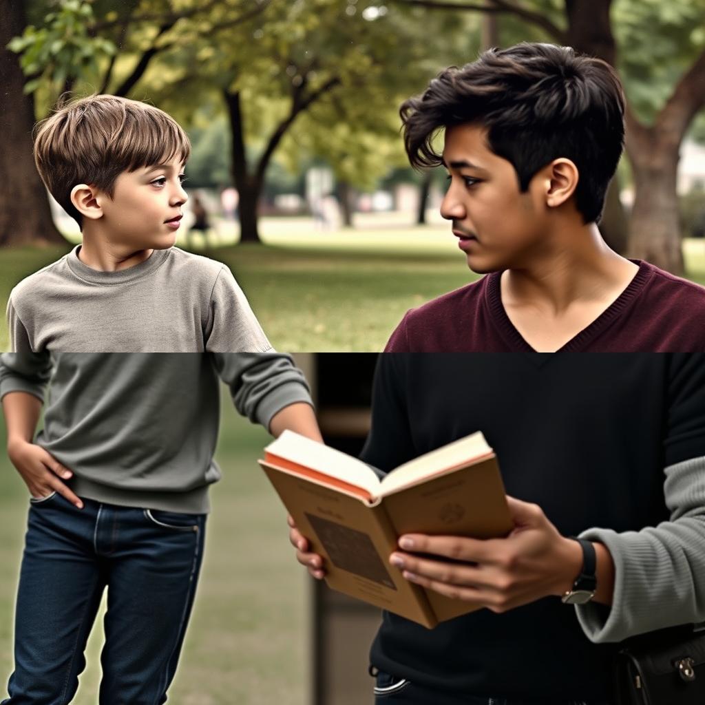 A montage of an old photograph of two young people holding hands in a park, overlaid with a more recent image of the same characters, now adults, standing in front of a coffee book