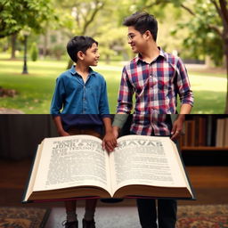 A montage of an old photograph of two young people holding hands in a park, overlaid with a more recent image of the same characters, now adults, standing in front of a coffee book