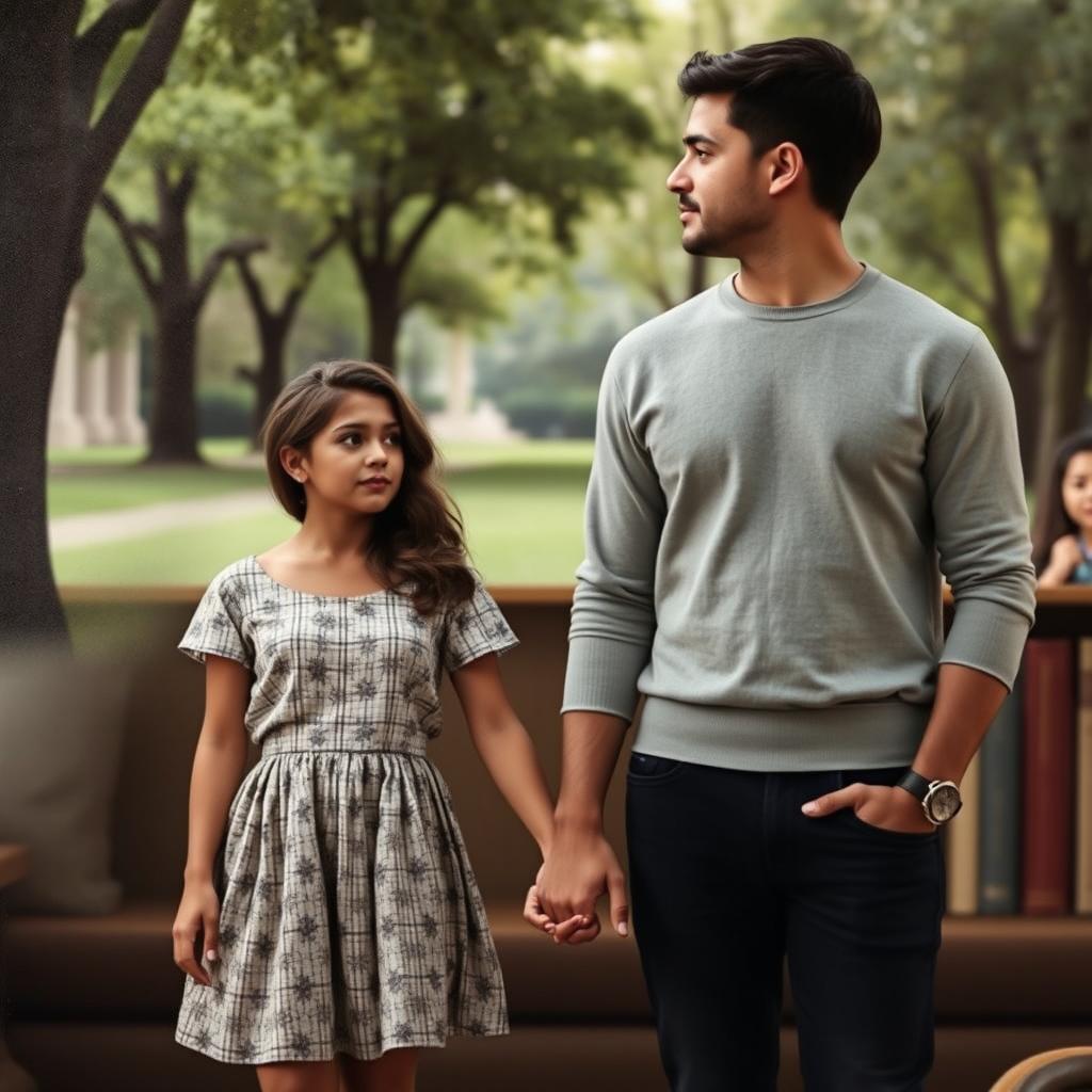 A montage of an old photograph of two young people holding hands in a park, overlaid with a more recent image of the same characters, now adults, standing in front of a coffee book