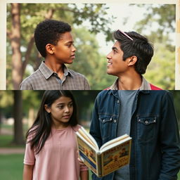 A montage of an old photograph of two young people holding hands in a park, overlaid with a more recent image of the same characters, now adults, standing in front of a coffee book