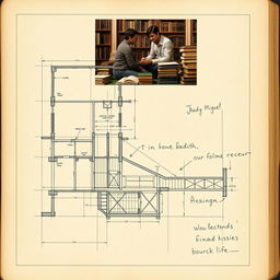 An artistic combination of an architectural blueprint overlaid on a page from an old book, with pencil notes scrawled across it