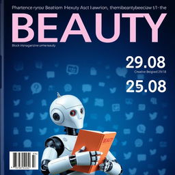 A realistic image featuring a large, bold text "BEAUTY" at the top, set against a dark blue background filled with chat icons