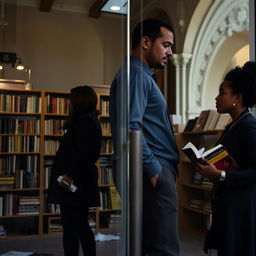 The focus is on the glass facade of the bookstore, with the reflections of the characters showing a silhouette of a woman and a tall, strong man