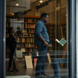 The focus is on the glass facade of the bookstore, with the reflections of the characters showing a silhouette of a woman and a tall, strong man