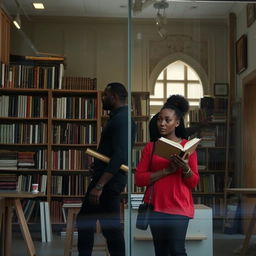 The focus is on the glass facade of the bookstore, with the reflections of the characters showing a silhouette of a woman and a tall, strong man