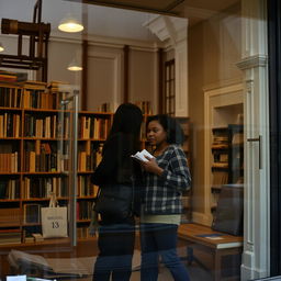 The focus is on the glass facade of the bookstore, with the reflections of the characters showing a silhouette of a woman and a tall, strong man