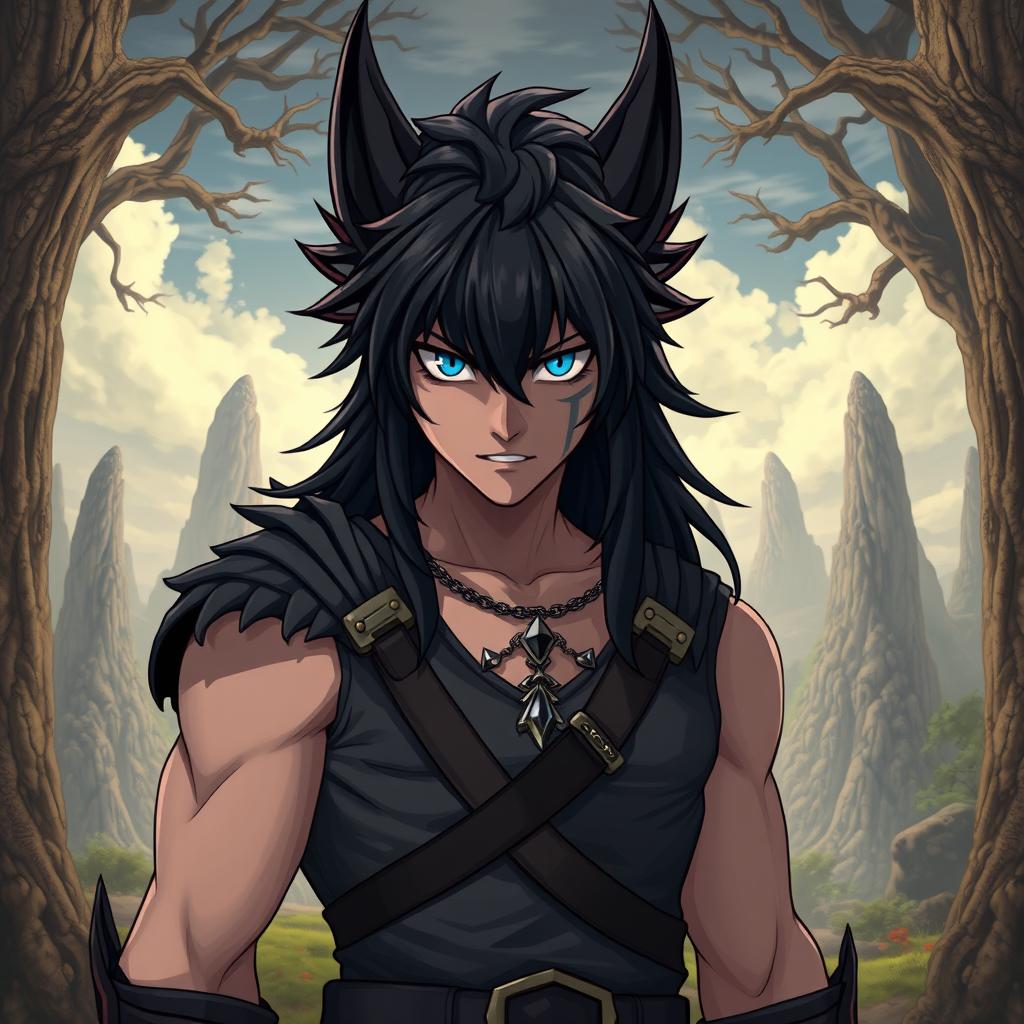 Epic fantasy hero with blue eyes and black hair, featuring small sabre tooths, resembling Wolverine but in anime style