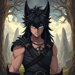 Epic fantasy hero with blue eyes and black hair, featuring small sabre tooths, resembling Wolverine but in anime style