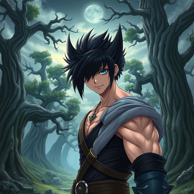 Epic fantasy hero with blue eyes and black hair, featuring small sabre tooths, resembling Wolverine but in anime style