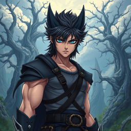 Epic fantasy hero with blue eyes and black hair, featuring small sabre tooths, resembling Wolverine but in anime style