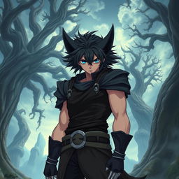 Epic fantasy hero with blue eyes and black hair, featuring small sabre tooths, resembling Wolverine but in anime style