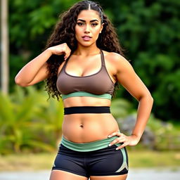 A curvy young woman in a tight sports bra and booty shorts that accentuate her figure, showcasing an athletic and confident pose