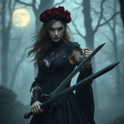 A fierce female warrior holding a sword, dressed in a gothic-style gown, adorned with a crown of roses on her head