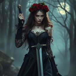 A fierce female warrior holding a sword, dressed in a gothic-style gown, adorned with a crown of roses on her head