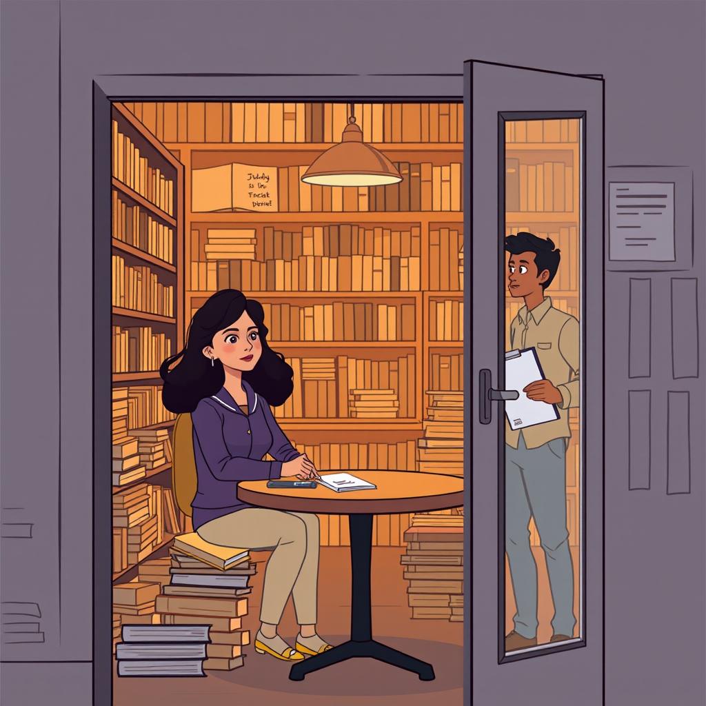 A stylized illustration of Jhady sitting at a table inside a bookstore, surrounded by books, while Miguel, holding an architect's clipboard, watches her from the doorway