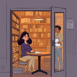 A stylized illustration of Jhady sitting at a table inside a bookstore, surrounded by books, while Miguel, holding an architect's clipboard, watches her from the doorway