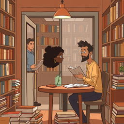 A stylized illustration of Jhady sitting at a table inside a bookstore, surrounded by books, while Miguel, holding an architect's clipboard, watches her from the doorway