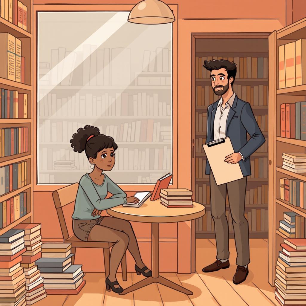 A stylized illustration of Jhady sitting at a table inside a bookstore, surrounded by books, while Miguel, holding an architect's clipboard, watches her from the doorway