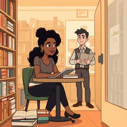 A stylized illustration of Jhady sitting at a table inside a bookstore, surrounded by books, while Miguel, holding an architect's clipboard, watches her from the doorway