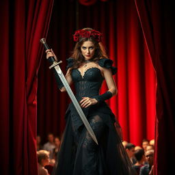 A fierce female warrior holding a sword, dressed in a gothic-style gown, adorned with a crown of roses on her head