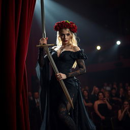 A fierce female warrior holding a sword, dressed in a gothic-style gown, adorned with a crown of roses on her head