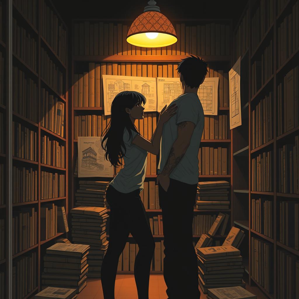 The cover shows the silhouette of two characters inside a bookstore, illuminated by the soft light of a reading lamp