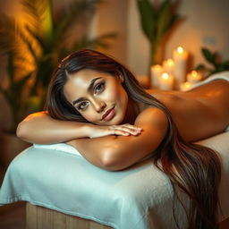 A beautiful woman with glistening, oiled skin resting on a luxurious massage table