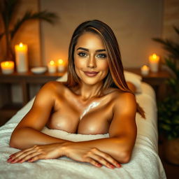 A beautiful woman with glistening, oiled skin resting on a luxurious massage table