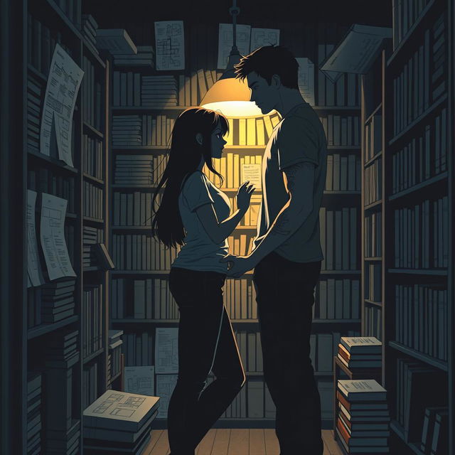 The cover shows the silhouette of two characters inside a bookstore, illuminated by the soft light of a reading lamp