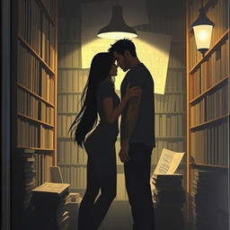 The cover shows the silhouette of two characters inside a bookstore, illuminated by the soft light of a reading lamp